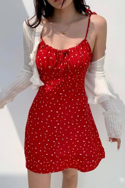 Casual Red Floral Mini Dress with Drawstring Tie Straps - French Country Style, Slim Fit, Perfect for 90s and Y2K Fashion Lovers