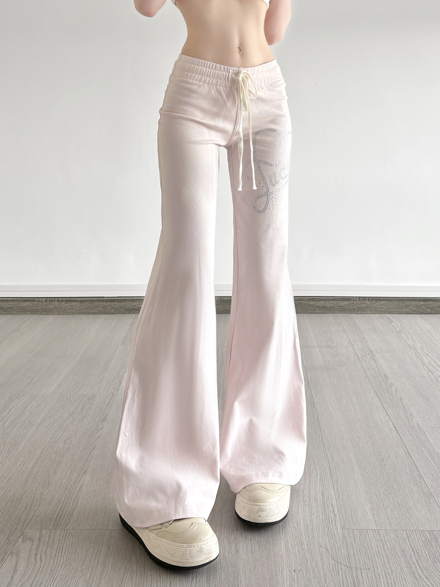 Casual Rhinestone Elastic Waist Drawstring Pants for Women - Versatile Low Waist Slightly Flared Slim Long Trousers, Y2K Style Casual Rhinestone Elastic Waist Drawstring Pants for Women - Versatile Low Waist Slightly Flared Slim Long Trousers, Y2K Style