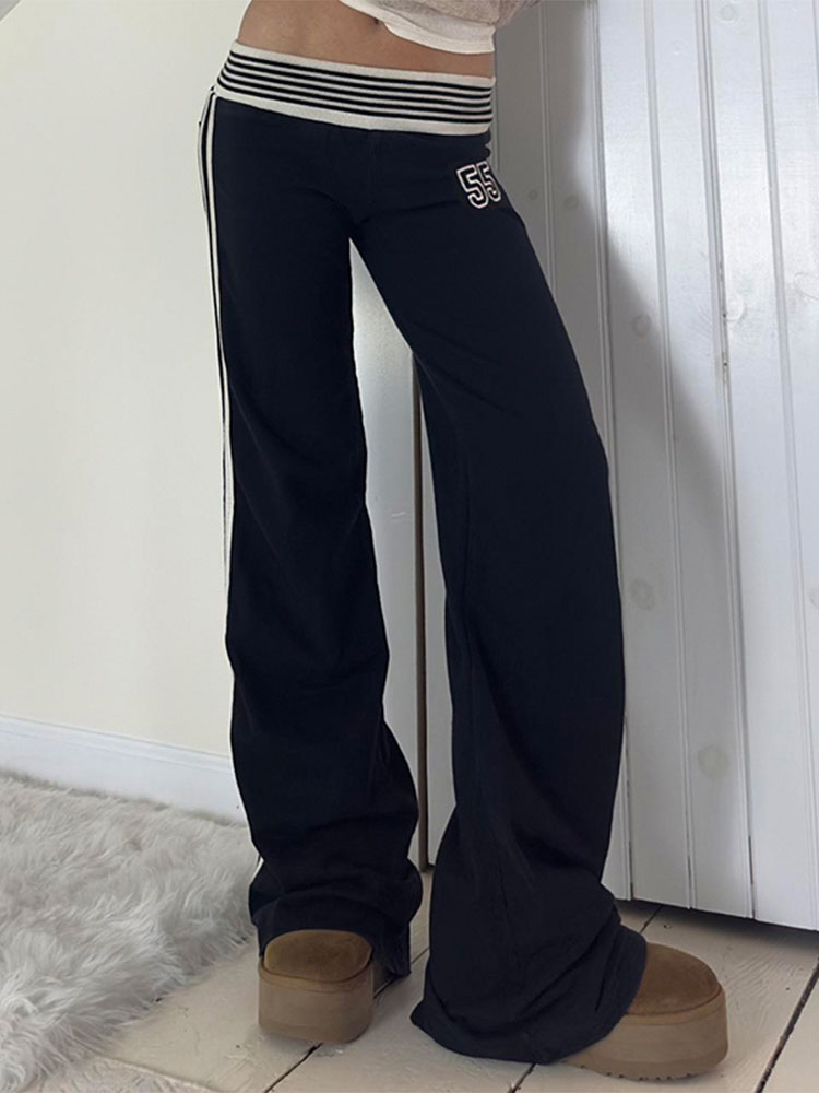 Casual Striped Waistband Digital Print Pants for Women - Low Waist Slim Fit Straight Leg Knit Trousers, American Street Style Casual Striped Waistband Digital Print Pants for Women - Low Waist Slim Fit Straight Leg Knit Trousers, American Street Style