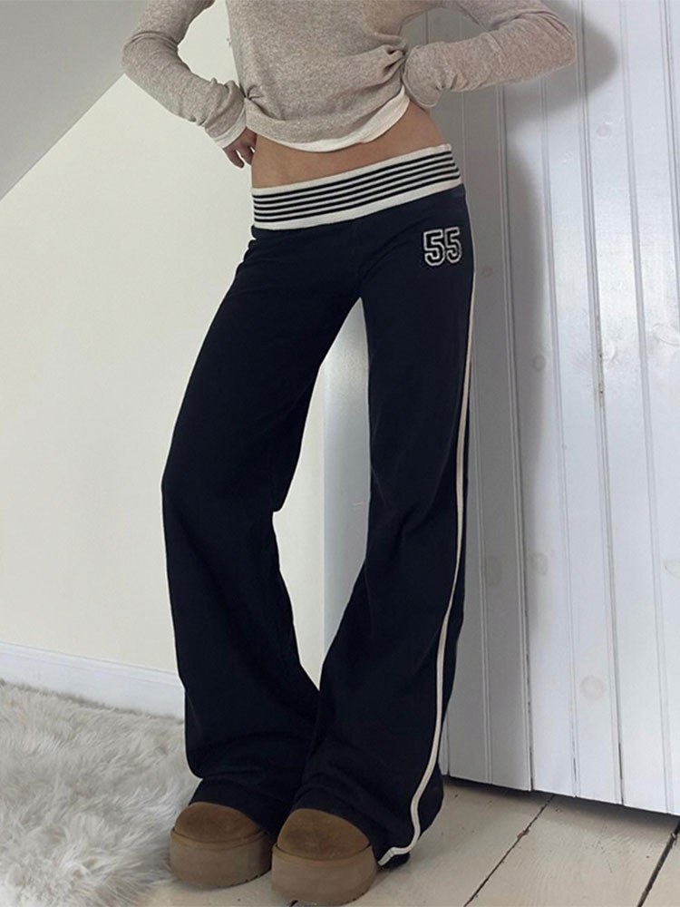 Casual Striped Waistband Digital Print Pants for Women - Low Waist Slim Fit Straight Leg Knit Trousers, American Street Style Casual Striped Waistband Digital Print Pants for Women - Low Waist Slim Fit Straight Leg Knit Trousers, American Street Style