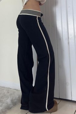 Casual Striped Waistband Digital Print Pants for Women - Low Waist Slim Fit Straight Leg Knit Trousers, American Street Style