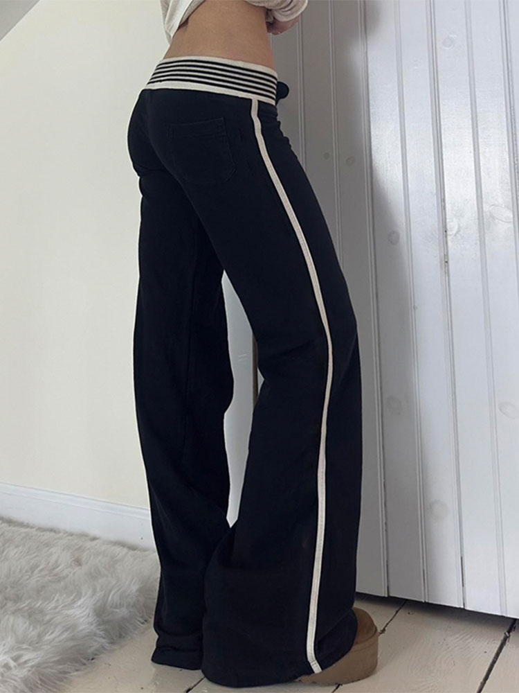 Casual Striped Waistband Digital Print Pants for Women - Low Waist Slim Fit Straight Leg Knit Trousers, American Street Style Casual Striped Waistband Digital Print Pants for Women - Low Waist Slim Fit Straight Leg Knit Trousers, American Street Style