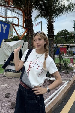 Casual Summer Cartoon Graphic T-Shirt for Women - American Style Straight Shoulder, Round Neck, Slightly Loose Short Sleeves