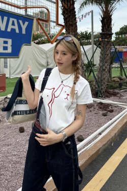 Casual Summer Cartoon Graphic T-Shirt for Women - American Style Straight Shoulder, Round Neck, Slightly Loose Short Sleeves