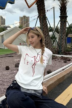 Casual Summer Cartoon Graphic T-Shirt for Women - American Style Straight Shoulder, Round Neck, Slightly Loose Short Sleeves