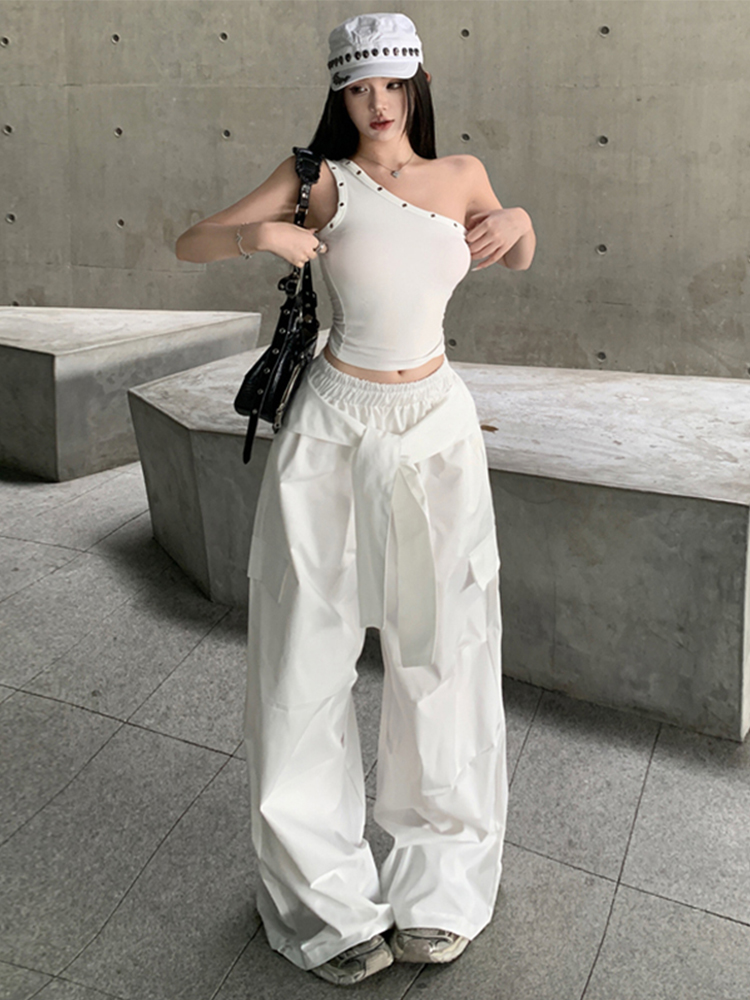 Casual Wide-Leg Cargo Pants for Women - Drawstring Elastic Waist, Trendy Sports Style, Loose Fit Dance Trousers Casual Wide-Leg Cargo Pants for Women - Drawstring Elastic Waist, Trendy Sports Style, Loose Fit Dance Trousers