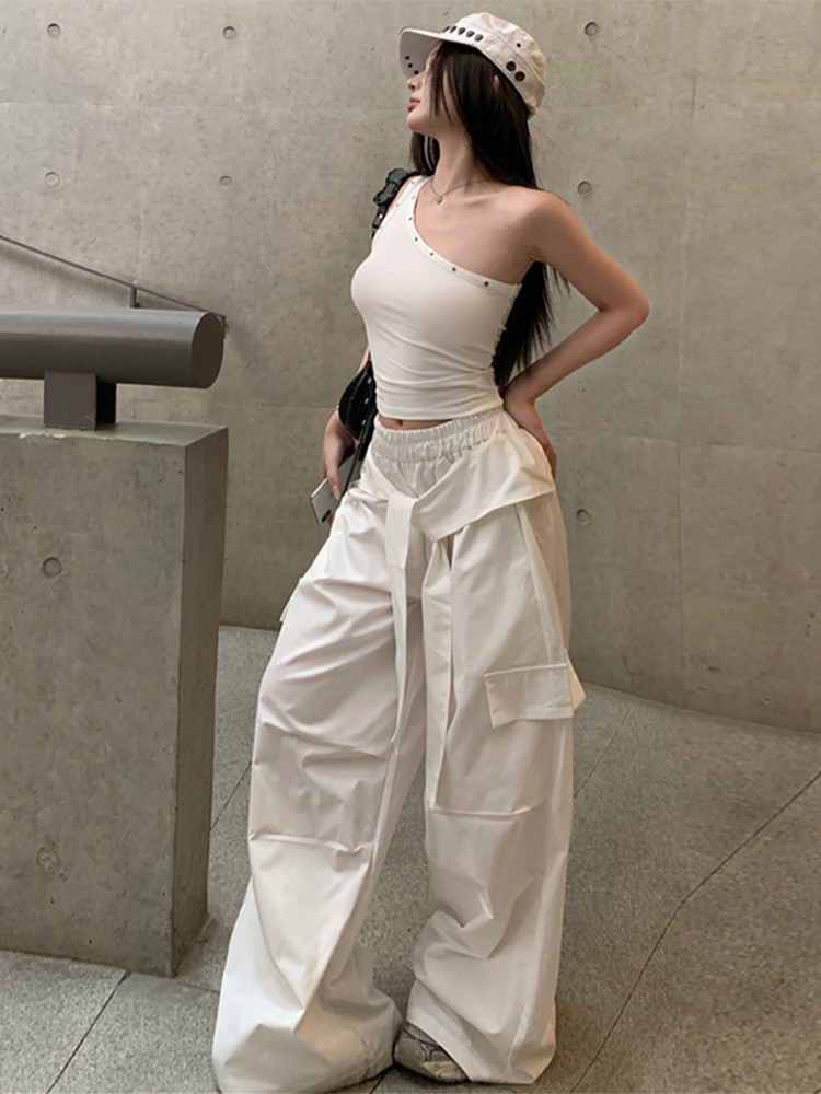 Casual Wide-Leg Cargo Pants for Women - Drawstring Elastic Waist, Trendy Sports Style, Loose Fit Dance Trousers Casual Wide-Leg Cargo Pants for Women - Drawstring Elastic Waist, Trendy Sports Style, Loose Fit Dance Trousers