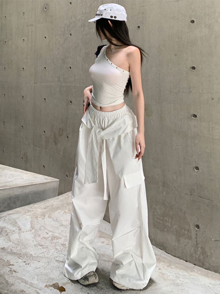 Casual Wide-Leg Cargo Pants for Women - Drawstring Elastic Waist, Trendy Sports Style, Loose Fit Dance Trousers Casual Wide-Leg Cargo Pants for Women - Drawstring Elastic Waist, Trendy Sports Style, Loose Fit Dance Trousers