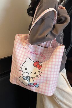 Checkered Canvas Tote Bag for Summer 2025 - Cute Cat Design, Large Capacity, Lightweight, Versatile Handheld Shoulder Bag