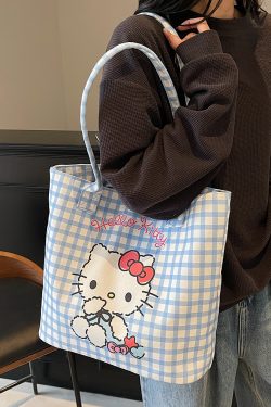 Checkered Canvas Tote Bag for Summer 2025 - Cute Cat Design, Large Capacity, Lightweight, Versatile Handheld Shoulder Bag