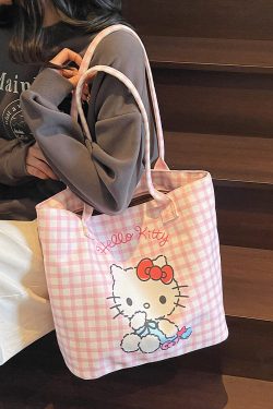 Checkered Canvas Tote Bag for Summer 2025 - Cute Cat Design, Large Capacity, Lightweight, Versatile Handheld Shoulder Bag