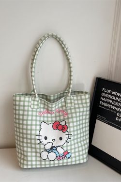 Checkered Canvas Tote Bag for Summer 2025 - Cute Cat Design, Large Capacity, Lightweight, Versatile Handheld Shoulder Bag