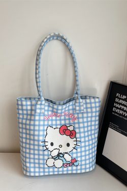 Checkered Canvas Tote Bag for Summer 2025 - Cute Cat Design, Large Capacity, Lightweight, Versatile Handheld Shoulder Bag