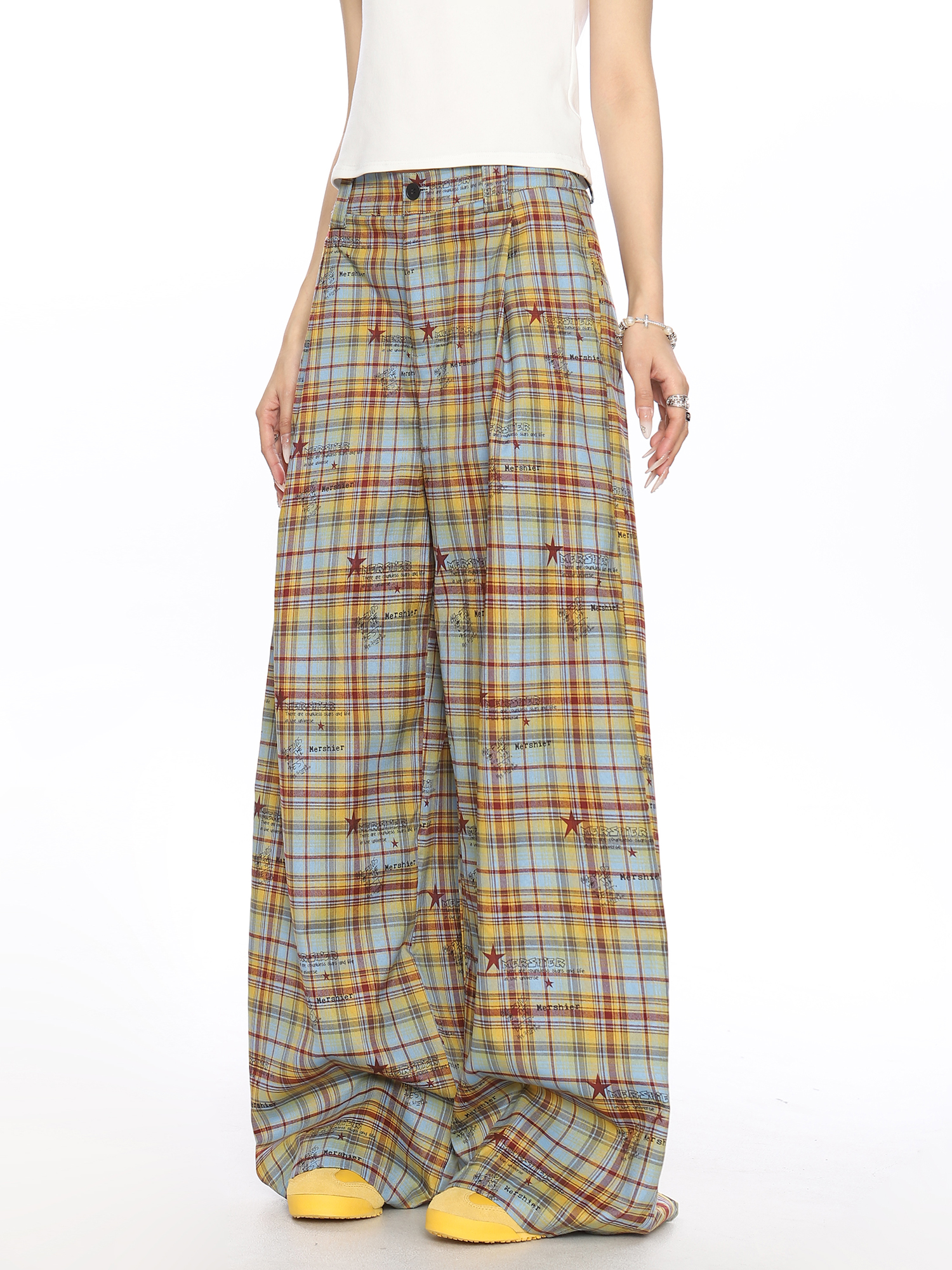 Checkered Color-Blocking Wide-Leg Pants for Women - Casual Summer Striped Draped Trousers, Versatile Y2K Fashion Checkered Color-Blocking Wide-Leg Pants for Women - Casual Summer Striped Draped Trousers, Versatile Y2K Fashion