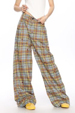 Checkered Color-Blocking Wide-Leg Pants for Women - Casual Summer Striped Draped Trousers, Versatile Y2K Fashion