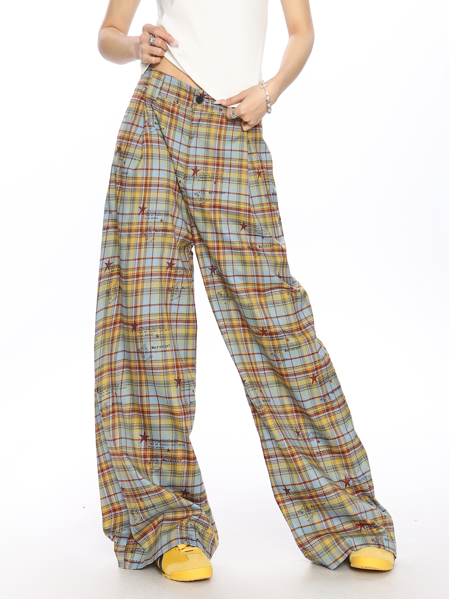 Checkered Color-Blocking Wide-Leg Pants for Women - Casual Summer Striped Draped Trousers, Versatile Y2K Fashion Checkered Color-Blocking Wide-Leg Pants for Women - Casual Summer Striped Draped Trousers, Versatile Y2K Fashion