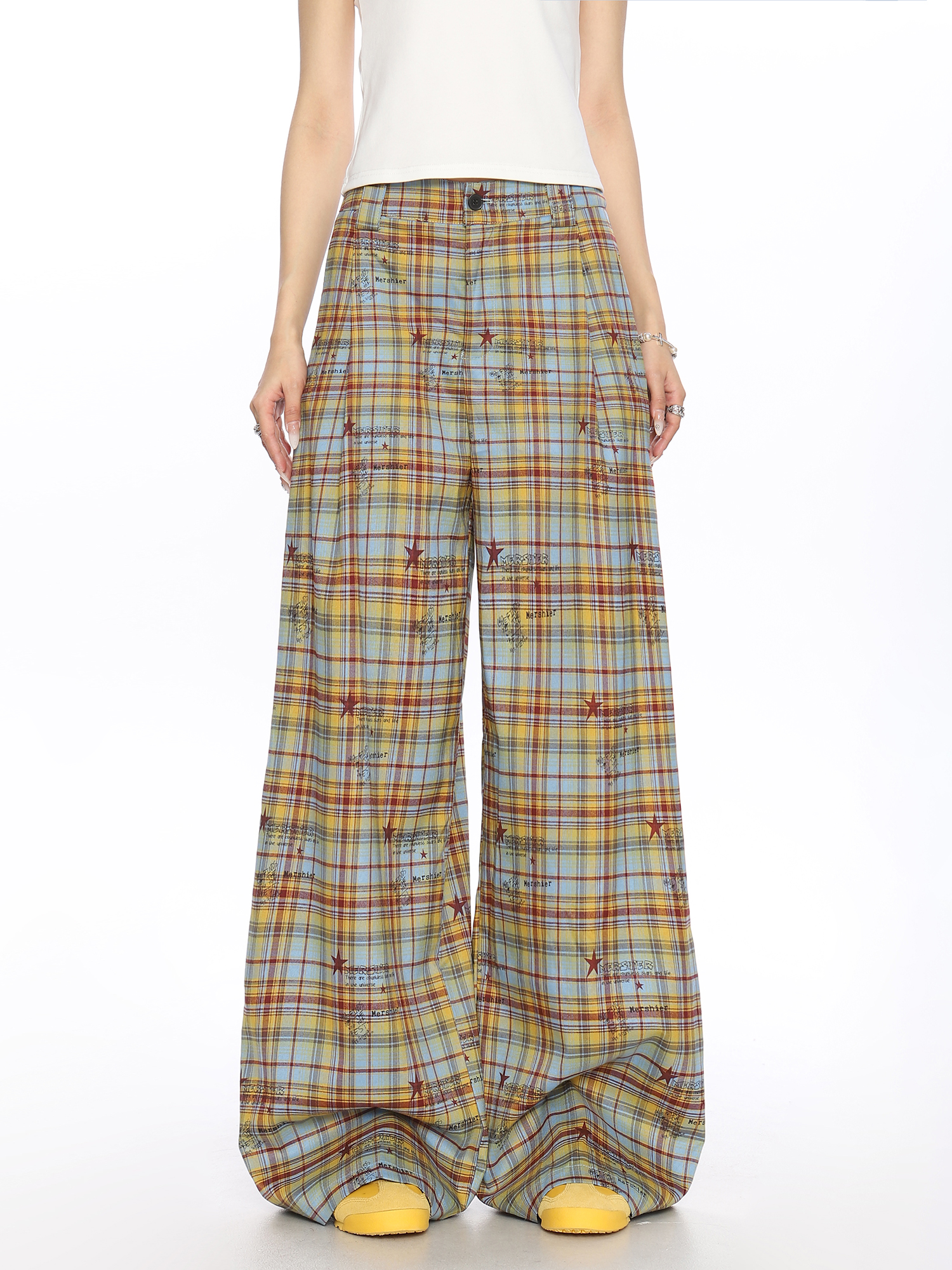 Checkered Color-Blocking Wide-Leg Pants for Women - Casual Summer Striped Draped Trousers, Versatile Y2K Fashion Checkered Color-Blocking Wide-Leg Pants for Women - Casual Summer Striped Draped Trousers, Versatile Y2K Fashion