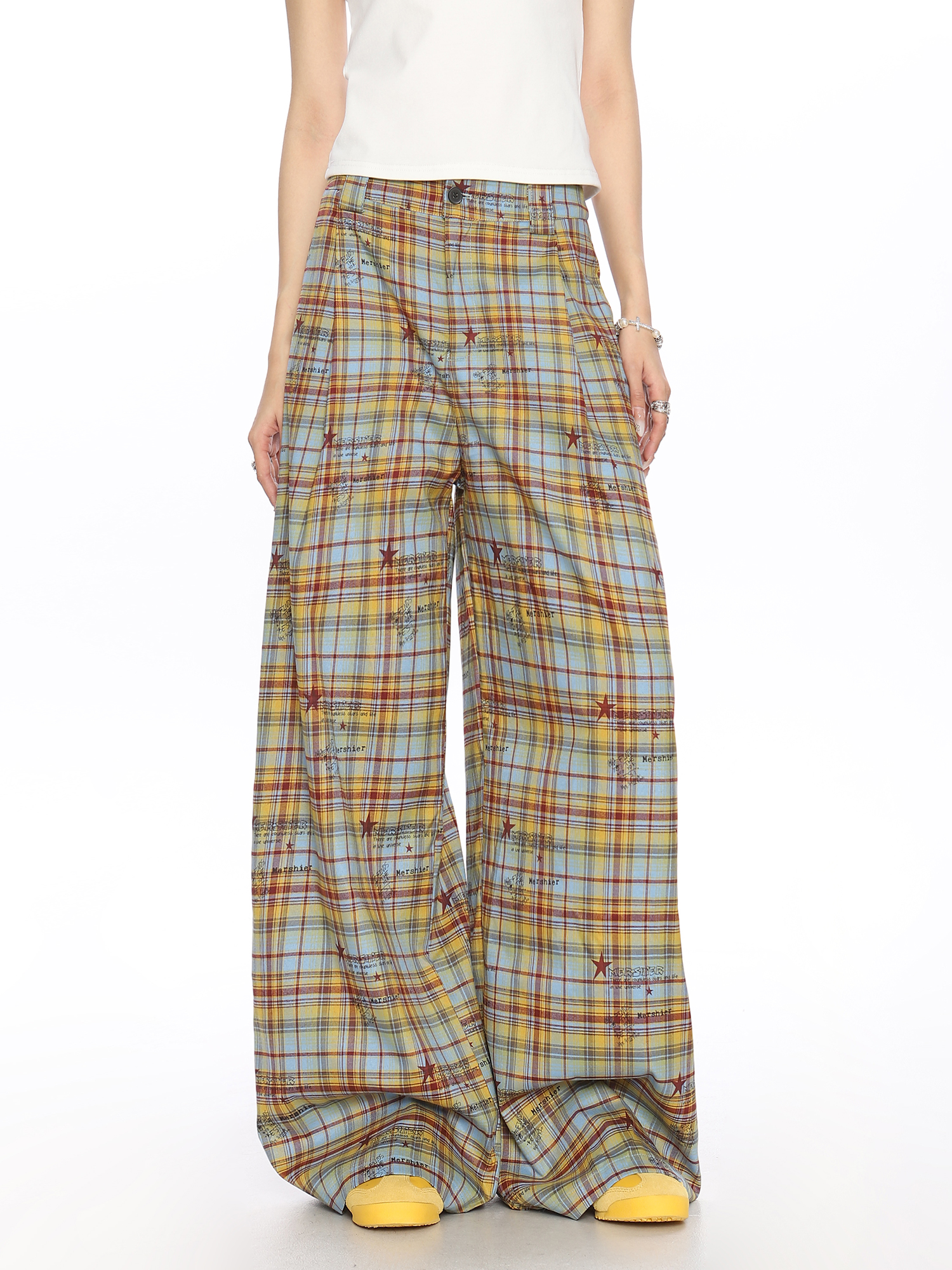 Checkered Color-Blocking Wide-Leg Pants for Women - Casual Summer Striped Draped Trousers, Versatile Y2K Fashion Checkered Color-Blocking Wide-Leg Pants for Women - Casual Summer Striped Draped Trousers, Versatile Y2K Fashion