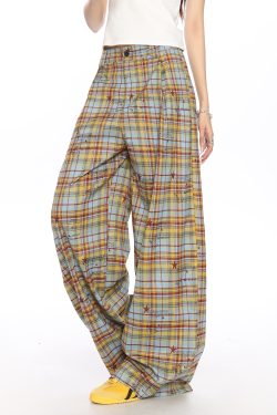 Checkered Color-Blocking Wide-Leg Pants for Women - Casual Summer Striped Draped Trousers, Versatile Y2K Fashion