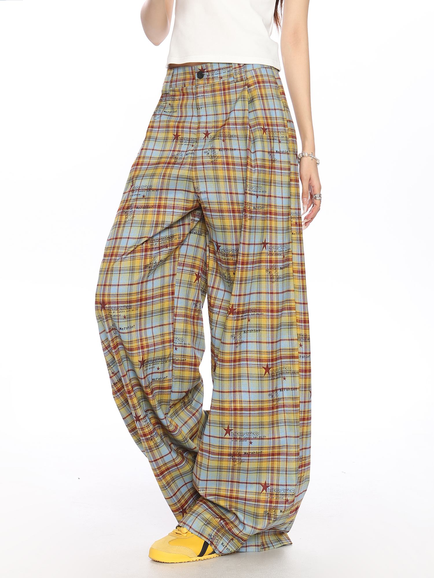 Checkered Color-Blocking Wide-Leg Pants for Women - Casual Summer Striped Draped Trousers, Versatile Y2K Fashion Checkered Color-Blocking Wide-Leg Pants for Women - Casual Summer Striped Draped Trousers, Versatile Y2K Fashion