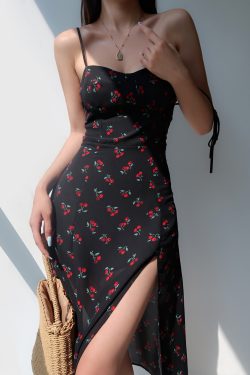 Cherry Floral Spaghetti Strap Dress - Sexy Tie Waist, Slim Fit, Side Slit, Knee-Length - European American Style, Perfect for Summer