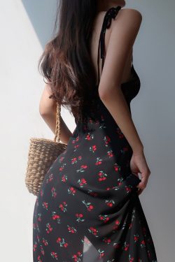 Cherry Floral Spaghetti Strap Dress - Sexy Tie Waist, Slim Fit, Side Slit, Knee-Length - European American Style, Perfect for Summer