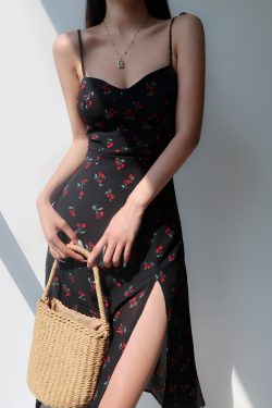 Cherry Floral Spaghetti Strap Dress - Sexy Tie Waist, Slim Fit, Side Slit, Knee-Length - European American Style, Perfect for Summer