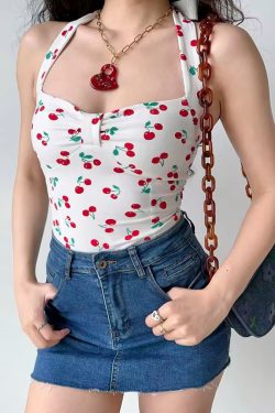 Cherry Print Bow Tie Halter Top - Women's Slim Fit Camisole - Summer European American Style - Trendy Y2K Fashion