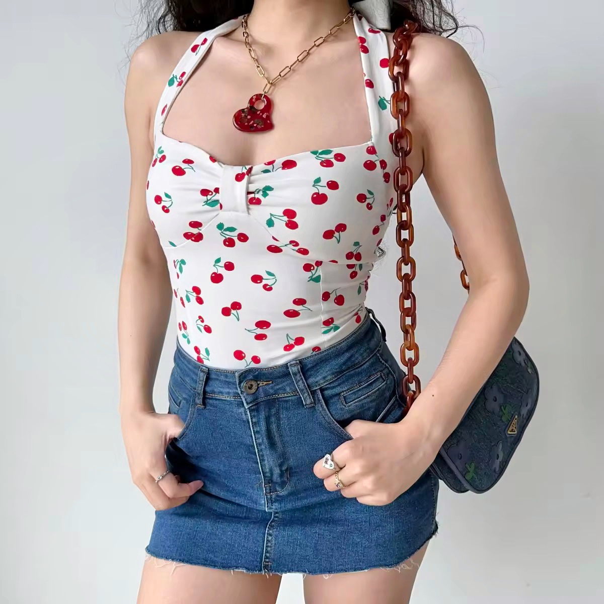 Cherry Print Bow Tie Halter Top - Women's Slim Fit Camisole - Summer European American Style - Trendy Y2K Fashion Cherry Print Bow Tie Halter Top - Women's Slim Fit Camisole - Summer European American Style - Trendy Y2K Fashion