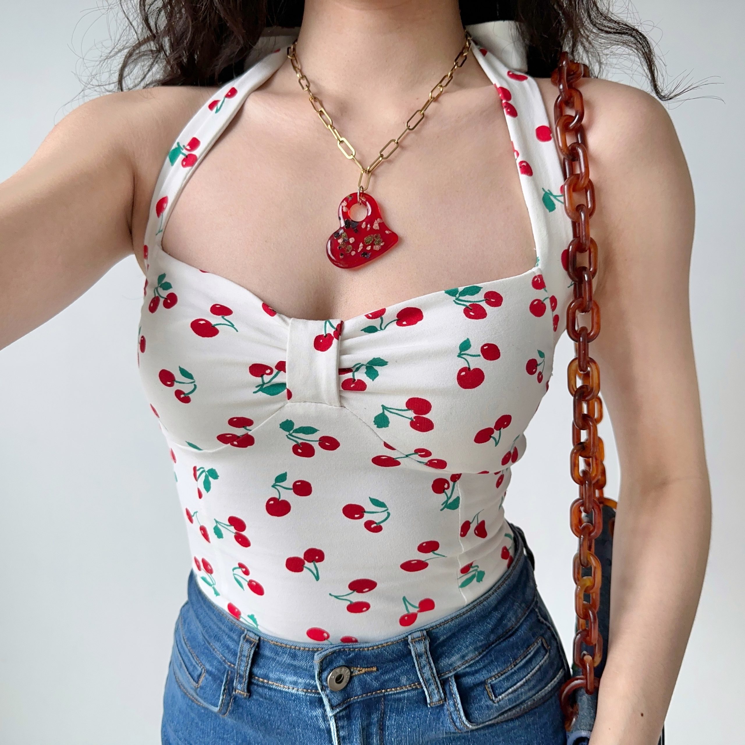Cherry Print Bow Tie Halter Top - Women's Slim Fit Camisole - Summer European American Style - Trendy Y2K Fashion Cherry Print Bow Tie Halter Top - Women's Slim Fit Camisole - Summer European American Style - Trendy Y2K Fashion