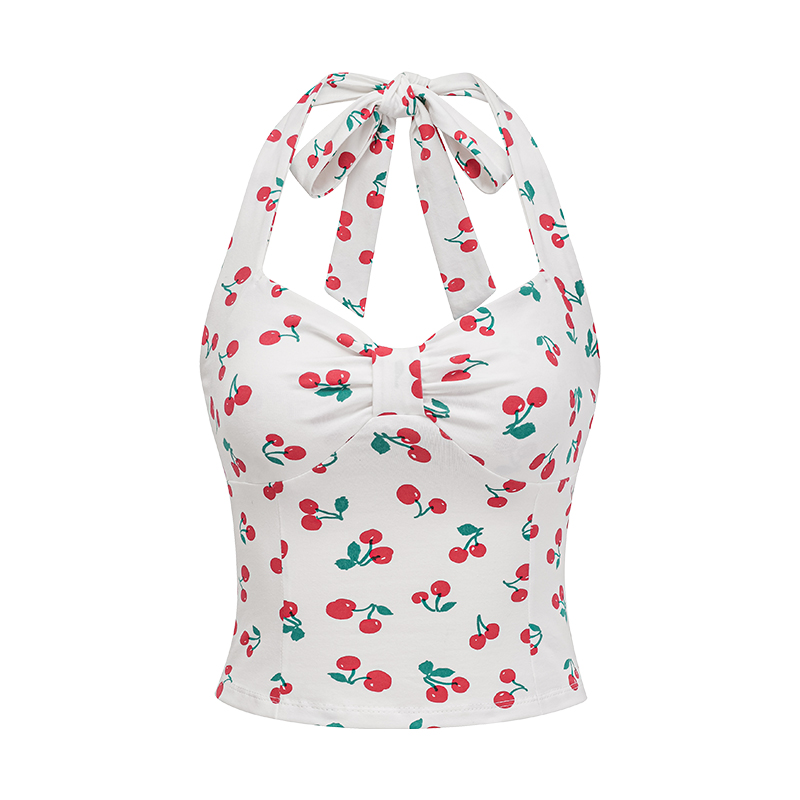 Cherry Print Bow Tie Halter Top - Women's Slim Fit Camisole - Summer European American Style - Trendy Y2K Fashion Cherry Print Bow Tie Halter Top - Women's Slim Fit Camisole - Summer European American Style - Trendy Y2K Fashion