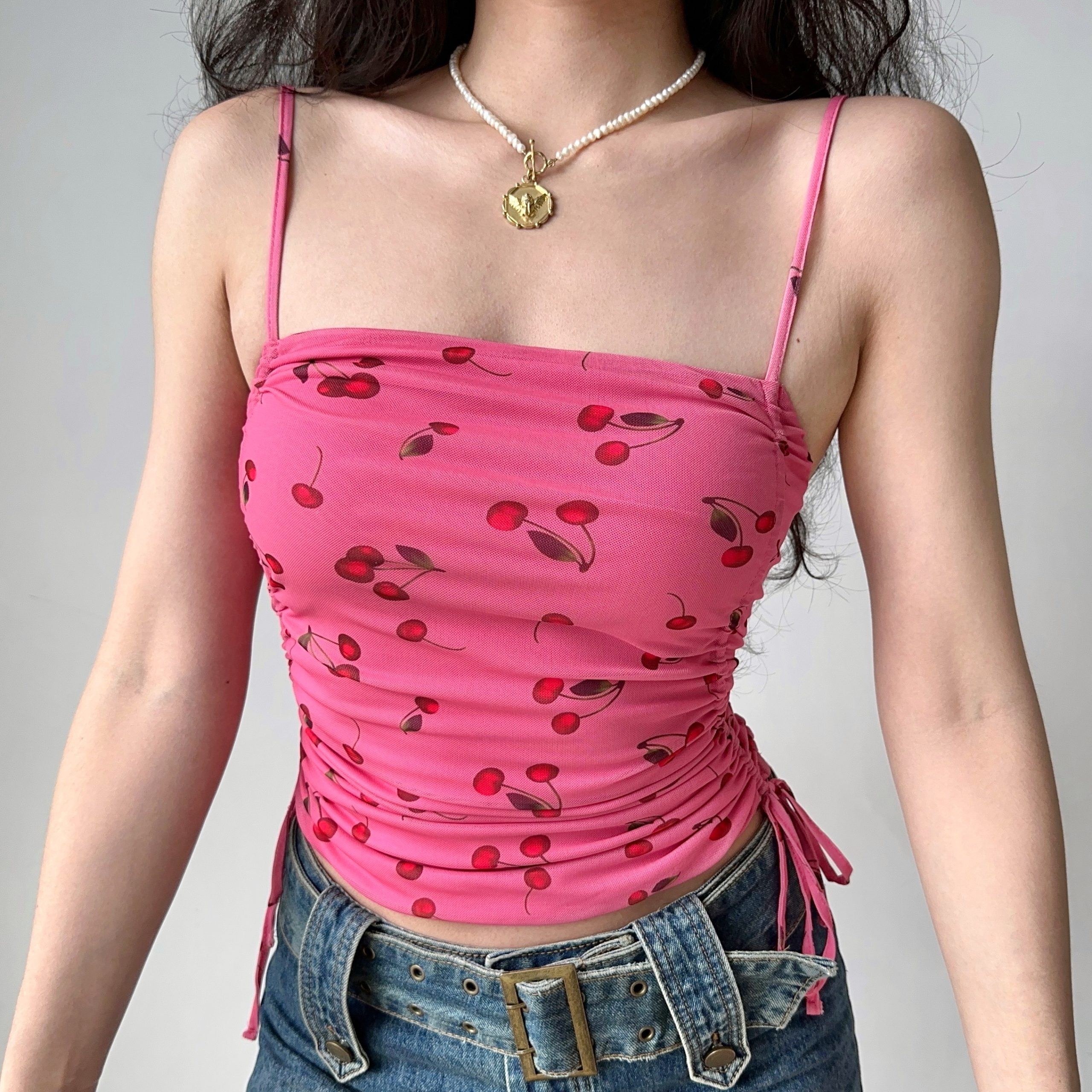 Cherry Print Pleated Cami Top for Women - European & American Style Summer Waist-Defining Short Top - Trendy Hot Girl Fashion Cherry Print Pleated Cami Top for Women - European & American Style Summer Waist-Defining Short Top - Trendy Hot Girl Fashion