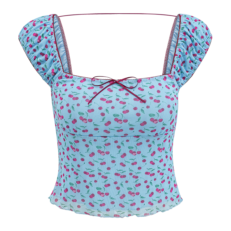 Cherry Print Puff Sleeve Square Neck T-shirt for Women - Slim Fit Backless Hot Girl Style, European & American Fashion Cherry Print Puff Sleeve Square Neck T-shirt for Women - Slim Fit Backless Hot Girl Style, European & American Fashion