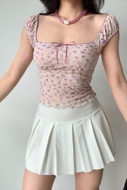 Cherry Print Square Neck Short Sleeve Crop Top for Women - Summer Slim Fit T-shirt in European & American Style, Y2K Fashion