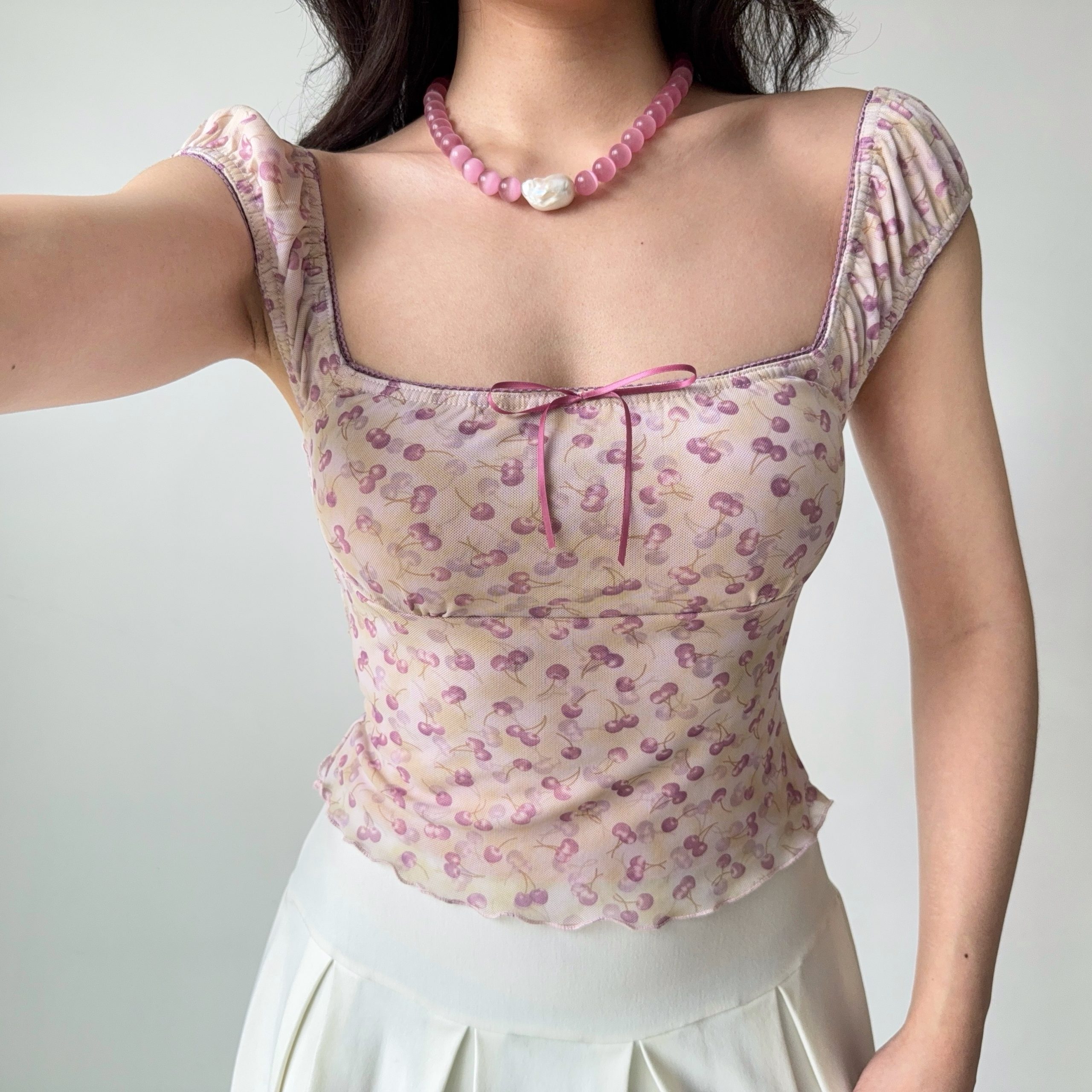 Cherry Print Square Neck Short Sleeve Crop Top for Women - Summer Slim Fit T-shirt in European & American Style, Y2K Fashion Cherry Print Square Neck Short Sleeve Crop Top for Women - Summer Slim Fit T-shirt in European & American Style, Y2K Fashion