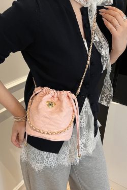 Chic 2025 Small Diamond-Pattern Drawstring Bucket Bag for Women - Fashionable Chain Shoulder Crossbody Bag