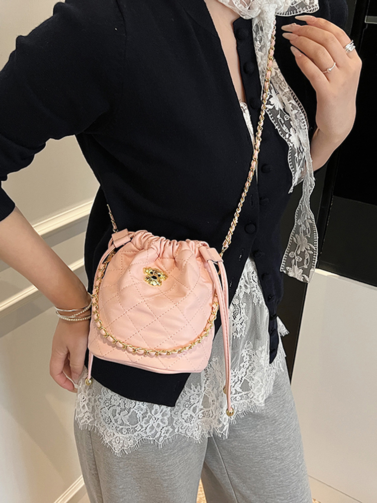Chic 2025 Small Diamond-Pattern Drawstring Bucket Bag for Women - Fashionable Chain Shoulder Crossbody Bag Chic 2025 Small Diamond-Pattern Drawstring Bucket Bag for Women - Fashionable Chain Shoulder Crossbody Bag