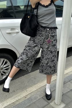 Chic Jacquard Cashew Flower Retro Straight-Leg Cargo Pants for Women - 2025 Niche Style, Slimming Fit, Trendy Y2K Fashion