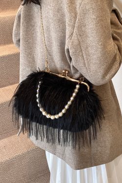 Chic Plush Shoulder Bag with Pearl Handle, Fluffy Design for Women, Spring/Summer 2025 High-End Fashion Accessory