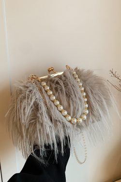 Chic Plush Shoulder Bag with Pearl Handle, Fluffy Design for Women, Spring/Summer 2025 High-End Fashion Accessory