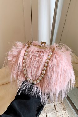 Chic Plush Shoulder Bag with Pearl Handle, Fluffy Design for Women, Spring/Summer 2025 High-End Fashion Accessory