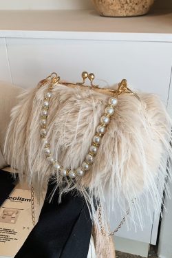 Chic Plush Shoulder Bag with Pearl Handle, Fluffy Design for Women, Spring/Summer 2025 High-End Fashion Accessory