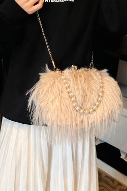 Chic Plush Shoulder Bag with Pearl Handle, Fluffy Design for Women, Spring/Summer 2025 High-End Fashion Accessory