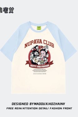 Chic Pure Cotton Hong Kong Style Cartoon Raglan Short Sleeve T-Shirt for Women Plus Size - American Retro Loose Fit Top