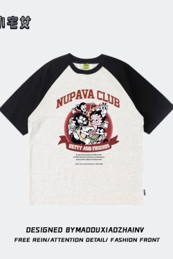 Chic Pure Cotton Hong Kong Style Cartoon Raglan Short Sleeve T-Shirt for Women Plus Size - American Retro Loose Fit Top