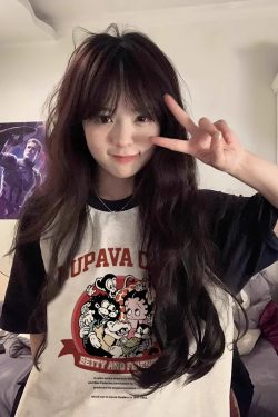 Chic Pure Cotton Hong Kong Style Cartoon Raglan Short Sleeve T-Shirt for Women Plus Size - American Retro Loose Fit Top