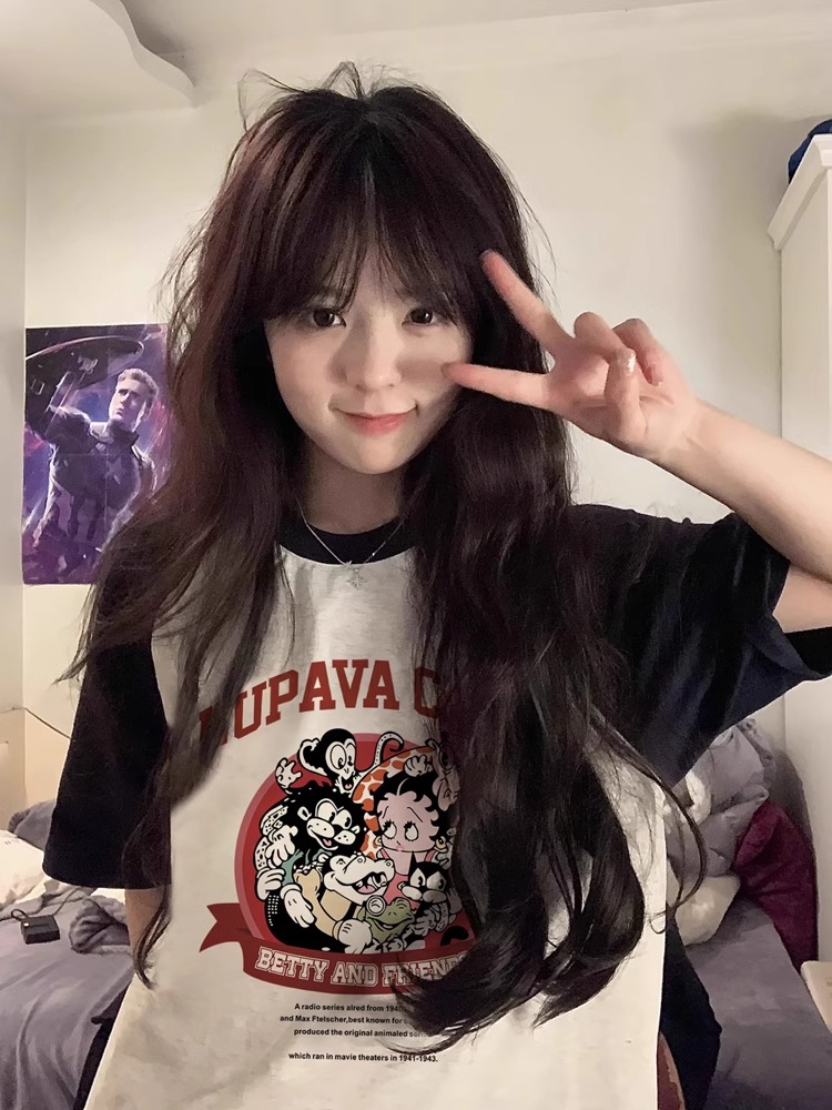 Chic Pure Cotton Hong Kong Style Cartoon Raglan Short Sleeve T-Shirt for Women Plus Size - American Retro Loose Fit Top Chic Pure Cotton Hong Kong Style Cartoon Raglan Short Sleeve T-Shirt for Women Plus Size - American Retro Loose Fit Top