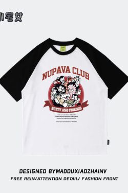 Chic Pure Cotton Hong Kong Style Cartoon Raglan Short Sleeve T-Shirt for Women Plus Size - American Retro Loose Fit Top