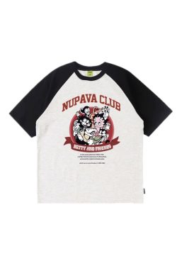 Chic Pure Cotton Hong Kong Style Cartoon Raglan Short Sleeve T-Shirt for Women Plus Size - American Retro Loose Fit Top