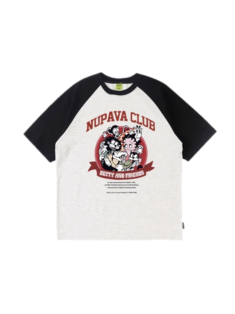 Chic Pure Cotton Hong Kong Style Cartoon Raglan Short Sleeve T-Shirt for Women Plus Size - American Retro Loose Fit Top Chic Pure Cotton Hong Kong Style Cartoon Raglan Short Sleeve T-Shirt for Women Plus Size - American Retro Loose Fit Top